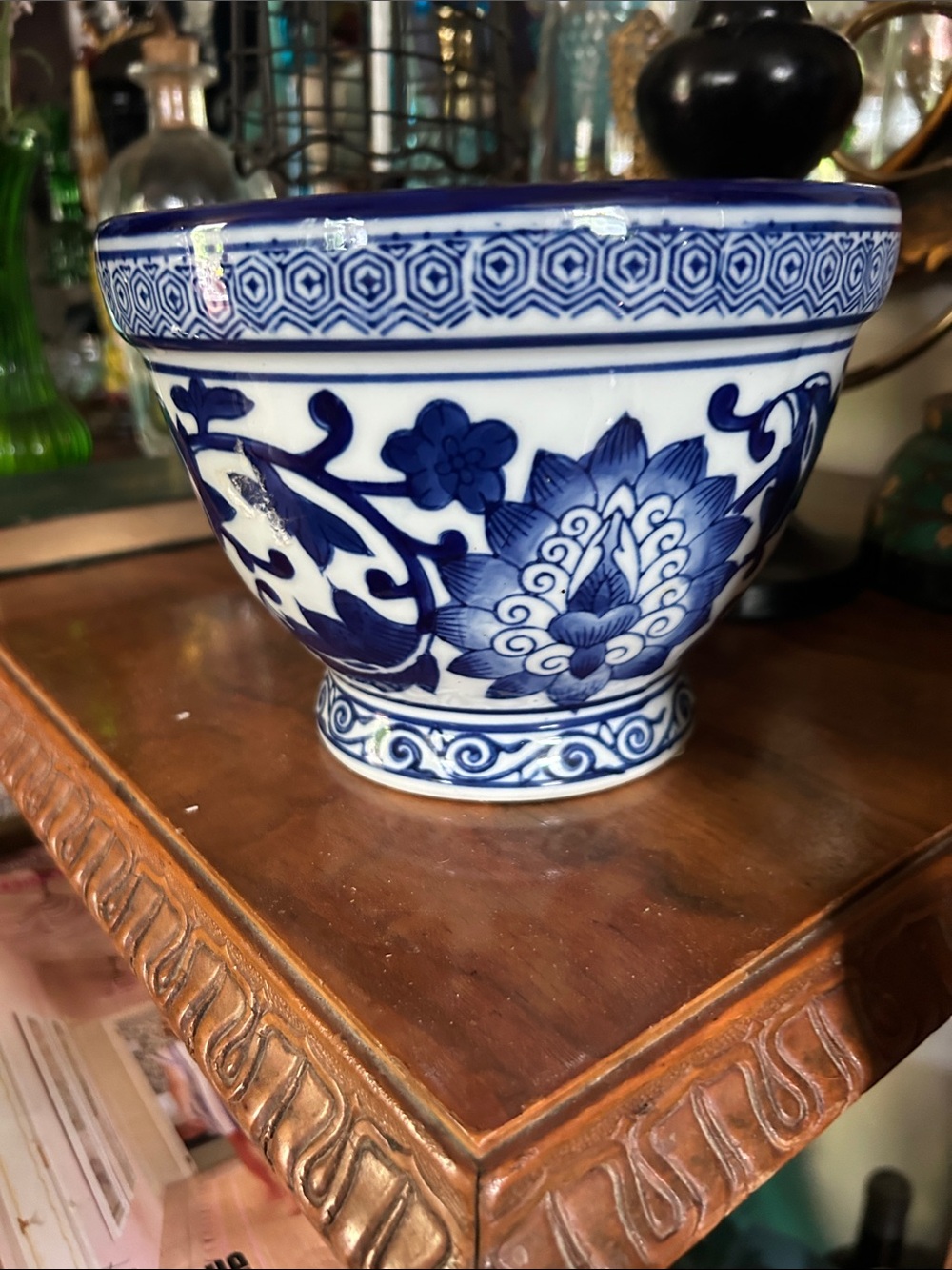 Vintage Blue and White Chinoiserie Floral Porcelain Planter Pot - Picture 3 of 7